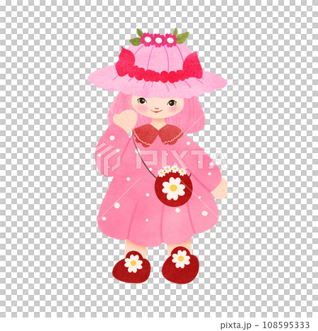 Pink short-haired girl in a pink dress wearing a pink hat Pink short-haired girl in a pink dress wearing a pink hat 108595333