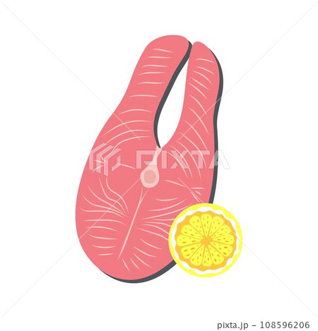 Salmon steak with lemon. Healthy lifestyle, lose weight, healthy food, proteins, seafood, diet concept. Flat cartoon illustration. 108596206