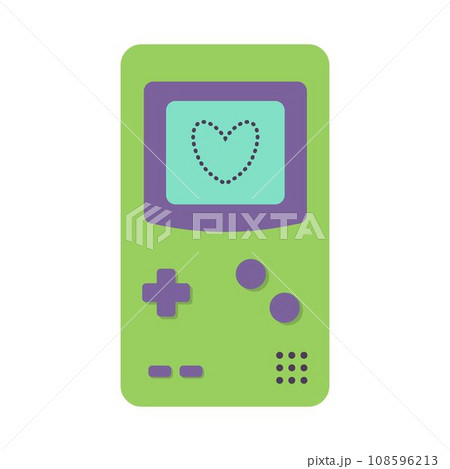 Retro game toy. Portable classic console game pad 80s, 90s. Flat cartoon vector illustration isolated on a white background. 108596213