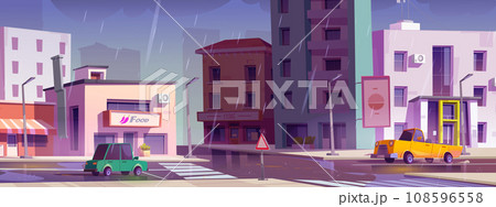 City street intersection in rain 108596558