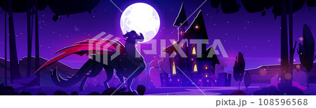 Dragon near medieval castle at night illustrationのイラスト素材 [108596568 ...