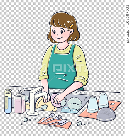 A woman washing dishes and cleaning up afterwards 108597033