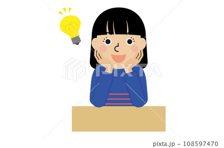 机の前で考え事をしてひらめいた長袖の服を着た黒髪の日本人女性の正面画 108597470