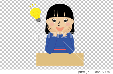 机の前で考え事をしてひらめいた長袖の服を着た黒髪の日本人女性の正面画 108597470