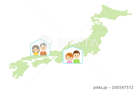 日本地図と高齢者夫婦と若い夫婦 日本地図と高齢者夫婦と若い夫婦 108597572