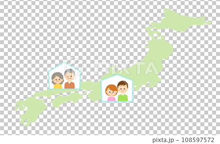日本地図と高齢者夫婦と若い夫婦 日本地図と高齢者夫婦と若い夫婦 108597572