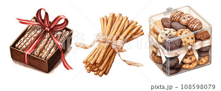Dessert gift box in watercolor illustrations. Generative a Dessert gift box in watercolor illustrations. Generative a 108598079