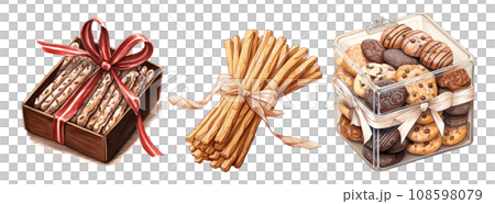 Dessert gift box in watercolor illustrations. Generative a Dessert gift box in watercolor illustrations. Generative a 108598079
