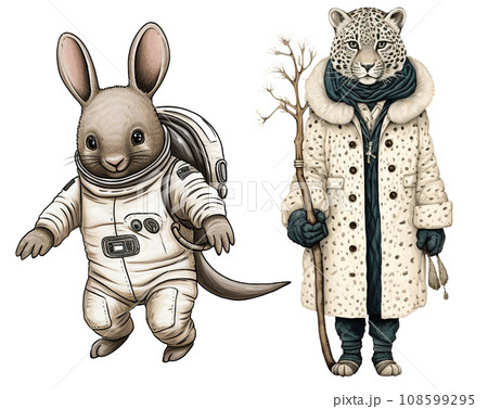 Watercolor illustration of an anthropomorphic animals. Generative ai 108599295