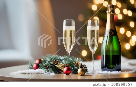 Two champagne glasses in festive Christmas...のイラスト素材 [108599357] - PIXTA