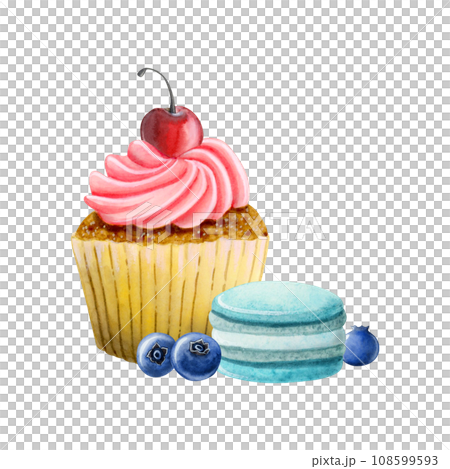 Cupcake with whipped cream and cherry, blue teal macaroons and blueberries watercolor illustration isolated on white background. Delicious colorful dessert food for celebrations and events Cupcake with whipped cream and cherry, blue teal macaroons and blueberries watercolor illustration isolated on white background. Delicious colorful dessert food for celebrations and events 108599593