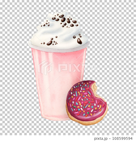 Strawberry milkshake with whipped cream, chocolate chips and red glazed donut with sprinkles watercolor illustration isolated on white background. Cold summer drink and sweet delicious dessert 108599594