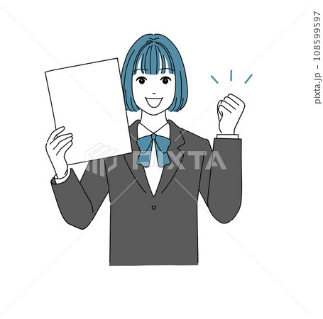 余白のある紙を見せるガッツポーズする女子生徒 余白のある紙を見せるガッツポーズする女子生徒 108599597