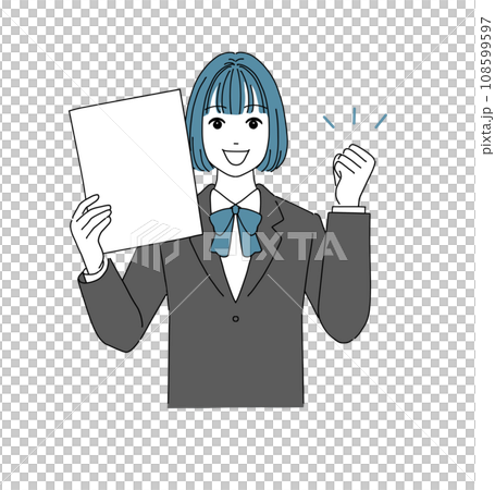 余白のある紙を見せるガッツポーズする女子生徒 余白のある紙を見せるガッツポーズする女子生徒 108599597