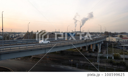 Drone view of the bridge passing through the city. 108599625