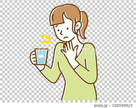 コップを持って喉の痛みが気になる若い女性 コップを持って喉の痛みが気になる若い女性 108599923