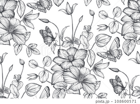 Beautiful hand drawn vector seamless pattern with black and white garden flowers, clematis, hydrangea, begonia Beautiful hand drawn vector seamless pattern with black and white garden flowers, clematis, hydrangea, begonia 108600571