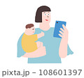 赤ちゃんを抱っこする女性がスマートフォンを見ているイラスト 108601397