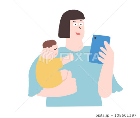 赤ちゃんを抱っこする女性がスマートフォンを見ているイラスト 108601397