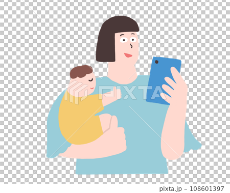 一名婦女抱著嬰兒看著智慧型手機的插圖 108601397