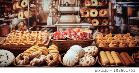 the cookie counter in the bakery, delicious pastries the cookie counter in the bakery, delicious pastries 108601753