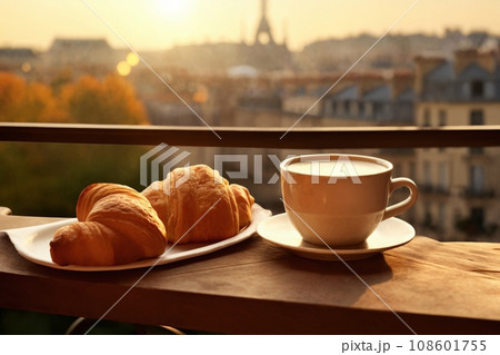 cup of coffee and french croissant on table, balcony with view of beautiful landscape, still life, sea and mountains, resort town, sunset 108601755