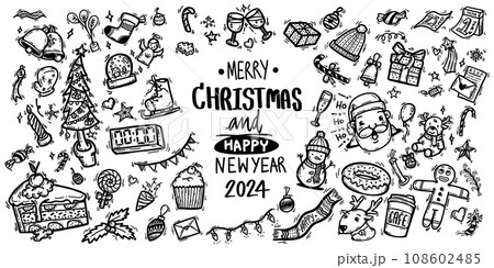 cute cartoon hand drawn collection of doodle Christmas ornament hand drawn set for Christmas holiday and new year eve 2024 party celebration with dessert, gift, Christmas tree decoration, Santa Claus cute cartoon hand drawn collection of doodle Christmas ornament hand drawn set for Christmas holiday and new year eve 2024 party celebration with dessert, gift, Christmas tree decoration, Santa Claus 108602485