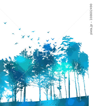 Blue forest landscape with birds. Watercolor trees. hand drawing. Not AI. Vector illustration 108602490