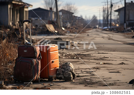 two pieces of luggage sitting on the ground in front of an old building with debris all over it and buildings behind two pieces of luggage sitting on the ground in front of an old building with debris all over it and buildings behind 108602581