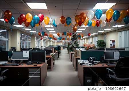 an office with balloons hanging from the ceiling and computer desks on either sides, all decorated in different colors 108602667