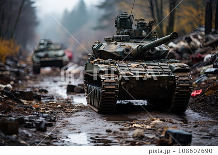 an army tank in the middle of a muddy road with other tanks on either side of it, all lined up an army tank in the middle of a muddy road with other tanks on either side of it, all lined up 108602690