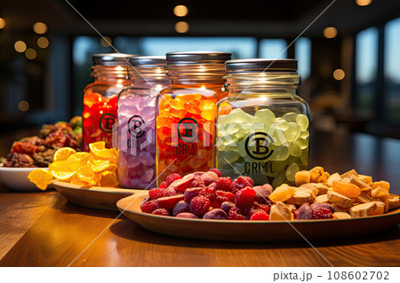 CBG Gummies. two jars filled with fruit on a wooden table next to plates and bowls full of fruit in the background is blurry 108602702