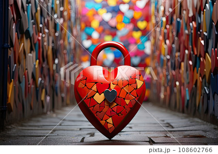 a broken heart in the middle of an alley with many colored hearts hanging from it's sides and around 108602766