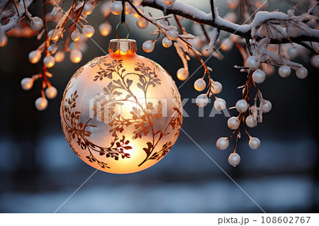 a christmas ball hanging from a tree branch with snow covered branches and white berries in the background is bluring 108602767