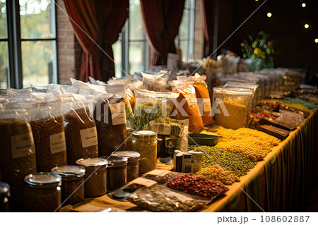 food that is on display in a table with many bags and containers filled with different types of foods, including beans food that is on display in a table with many bags and containers filled with different types of foods, including beans 108602887