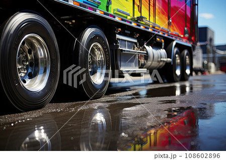 a semi truck driving down the road with its reflection in the wet surface on the ground, as if it's not raining a semi truck driving down the road with its reflection in the wet surface on the ground, as if it's not raining 108602896