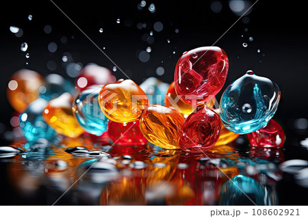 CBG Gummies. some colorful glass marbles on a black surface with water droplets and reflections in the fore - image is taken from above CBG Gummies. some colorful glass marbles on a black surface with water droplets and reflections in the fore - image is taken from above 108602921