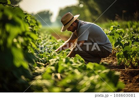 a man kneeling in the middle of a field with his hat on, looking down at something he's picking a man kneeling in the middle of a field with his hat on, looking down at something he's picking 108603081