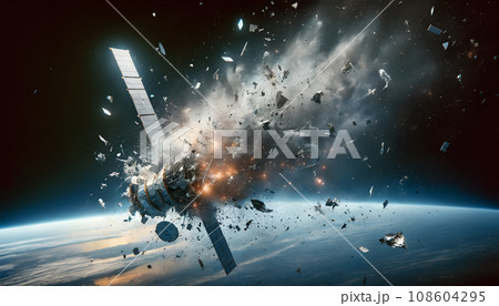 スペースデブリで破壊される人工衛星　AI生成画像 108604295