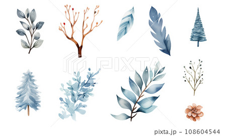 冬の木の葉や松ぼっくりの水彩風透過イラスト 108604544