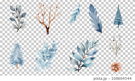冬の木の葉や松ぼっくりの水彩風透過イラスト 108604544
