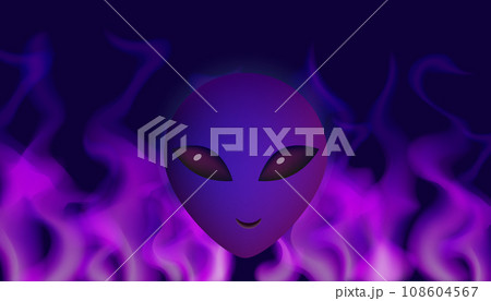 Alien violet face on purple background with fire. 108604567