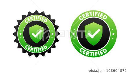 Green and Black Certified Quality Badges with Checkmark Vector Illustration for Security and Authenticity 108604872