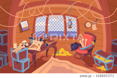 Cartoon Color Capitan Ship Cabin Interior Inside Scene Adventure Concept Flat Design Style. Vector illustration of Pirate Chest Treasure, Spyglass and Map Cartoon Color Capitan Ship Cabin Interior Inside Scene Adventure Concept Flat Design Style. Vector illustration of Pirate Chest Treasure, Spyglass and Map 108605371