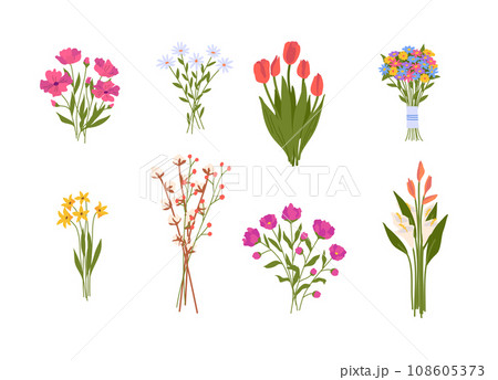 Cartoon Color Different Types Beautiful Bouquets Set Concept Flat Design Style. Vector illustration of Flower Bouquet 108605373