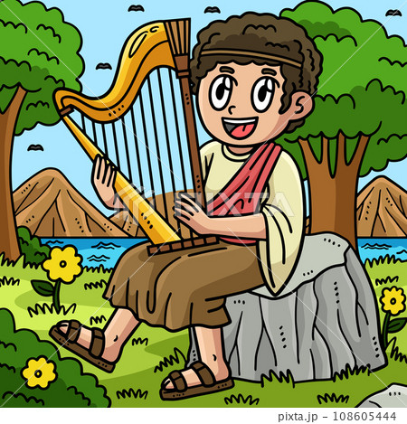Christian David Playing the Harp Colored Cartoon 108605444