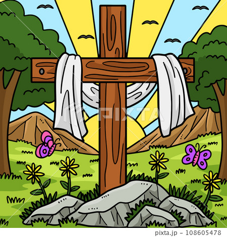 Christian Cross Draped with Fabric Colored Cartoon Christian Cross Draped with Fabric Colored Cartoon 108605478