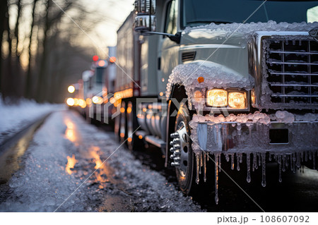 a truck that is covered in ice and icing on the side of the road as it drives through the snow 108607092