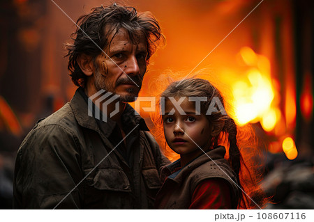 a man and a little girl in front of a burning building with the fire behind them all looking at the camera a man and a little girl in front of a burning building with the fire behind them all looking at the camera 108607116