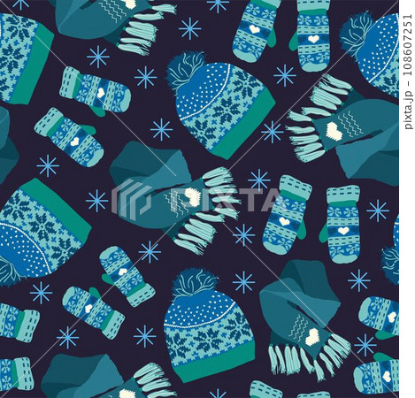 Seamless vector knitted winter hat, mittens, scarf pattern. Stylish fashion garment background for fabric. Seamless vector knitted winter hat, mittens, scarf pattern. Stylish fashion garment background for fabric. 108607251